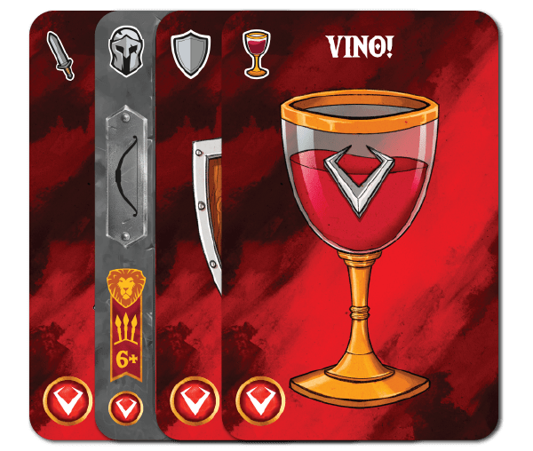 Carte principali Throne. Carta di Tipo Colpo, di Tipo Equipaggiamento, di Tipo Schivata e di Tipo Vino!